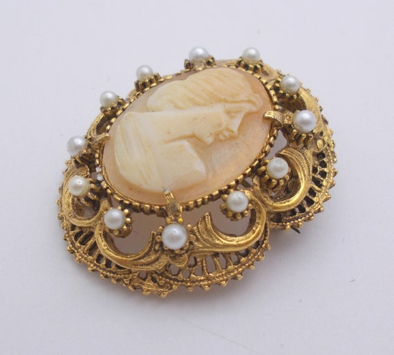 Vintage Florenza Brooch/Pendant Carved Cameo With… - image 2