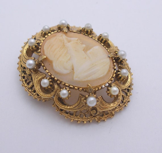 Vintage Florenza Brooch/Pendant Carved Cameo With… - image 3