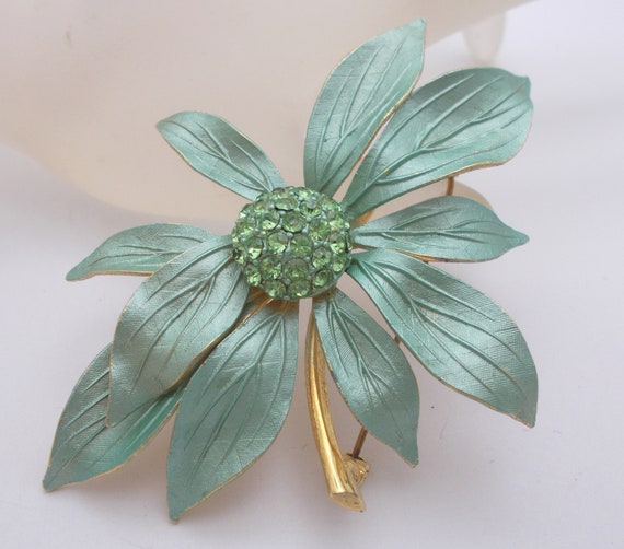 Vintage Brooch Green Enamel & Rhinestone Flower - image 1