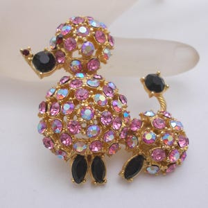 Vintage Brooch Poodle Dog Figural Pin Pink Aurora Borealis Rhinestones