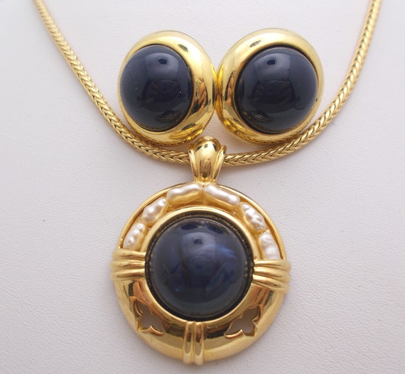 Vintage Necklace & Clip Earrings Set Blue Cabocho… - image 1