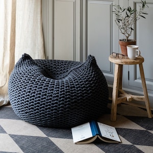 Round Bean Bag Chair for Adults, Bean Bag with Filling, Knitted Bean Bag, Chair for Living Room image 1