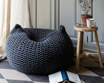 Round Bean Bag Chair for Adults, Bean Bag with Filling, Knitted Bean Bag, Chair for Living Room