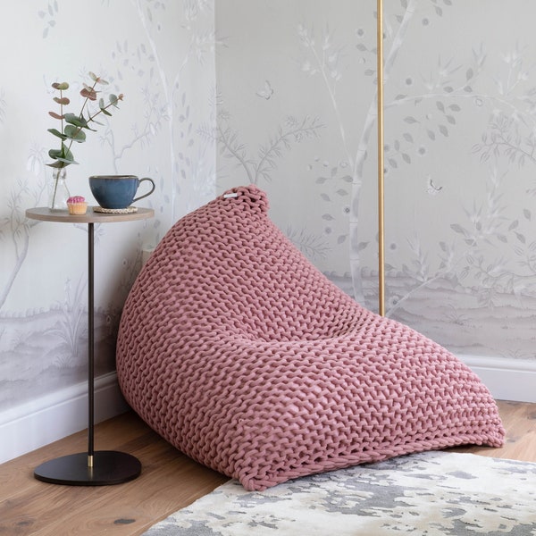 Chunky Knitted Bean Bag Chair in Blush Pink for Adults, Teenagers and Kids