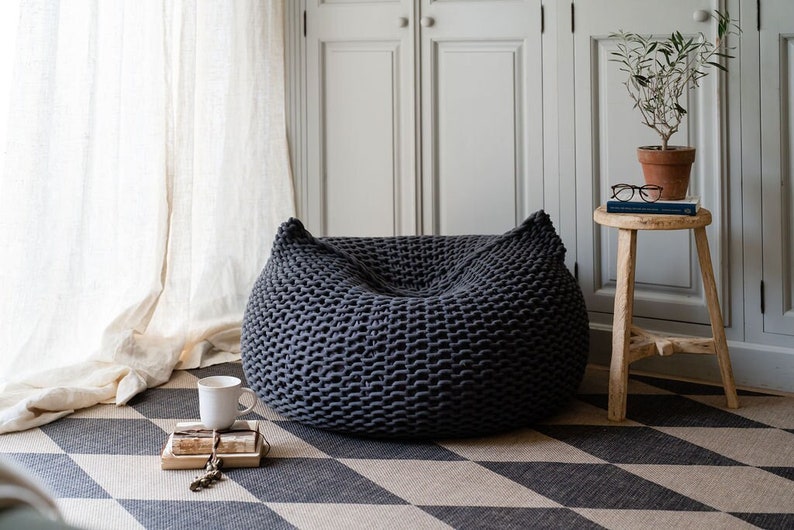 Round Bean Bag Chair for Adults, Bean Bag with Filling, Knitted Bean Bag, Chair for Living Room image 4