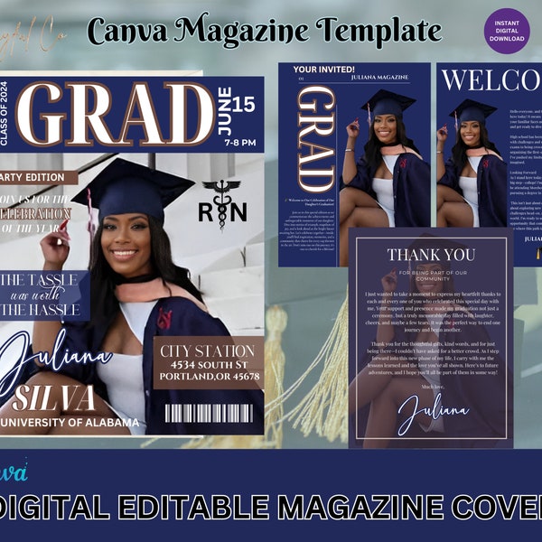 Graduation Magazin Cover, Magazin Cover Abschlussball, Heimkehr, Graduierung Party Einladung, bestandene Ankündigung, Abitur, College