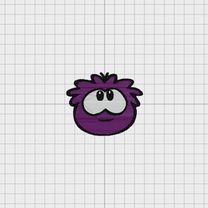 May include: A purple embroidered patch featuring a round, fuzzy creature with a spiky top, large white oval eyes, black pupils, and a small black line for a mouth. The design is outlined in black thread and set against a white grid background.