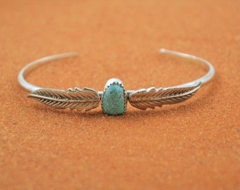 Bracelet femme et homme amérindien, turquoise, en argent 925, fait main, garanti à vie, plumes, toutes tailles ajustable.