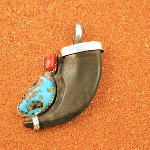 Pendentif griffe d'ours-turquoise et corail-bijoux amérindiens-fait main-idée cadeau-argent 925/1000