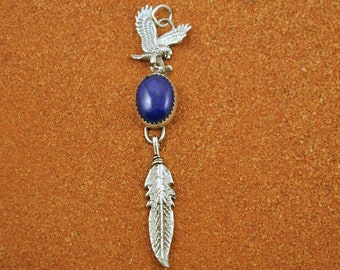 Colgante mixto nativo americano, lapislázuli, colgante de águila, pluma, hecho a mano, plata maciza, arizona, navajo.