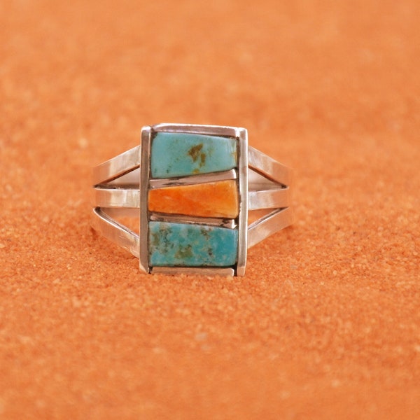 turquoise ring-spiny oyster-silver-gift idea-Native American jewelry-inlay-zuni-size 59
