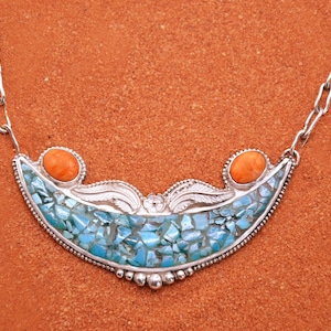 turquoise necklace-spiny oyster-sterling silver-unique piece-gift jewelry-native american-woman jewelry