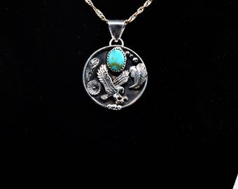 Colgante de águila y turquesa - Estilo Navajo - Plata de ley 925 - Joyería nativa americana - Turquesa Kingman - Unisex