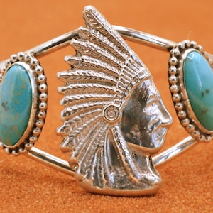 man cuff-sterling silver-turquoise-gift jewelry-native american-navajo style-unique piece-indian head-handcrafted