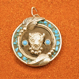 buffalo pendant-turquoise-native american jewelry-handmade-unique piece-sterling silver-gift