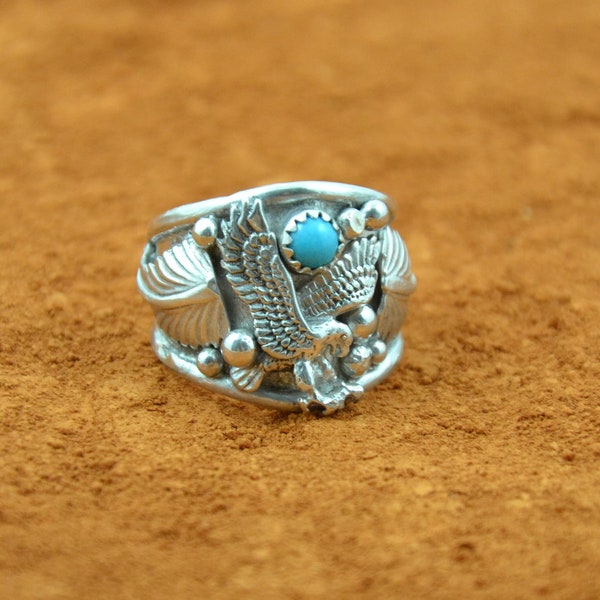 Bague aigle et turquoise, bijoux amérindiens, argent 925/1000, pièce unique, chevalière homme, fait main, garanti à vie