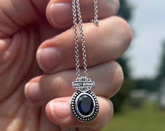 18" Harley Davidson Bar and Shield MOD 925 Sterling Silver Synthetic Blue Sapphire Necklace, Biker Babe, September, Lady Rider, HDN0347-18