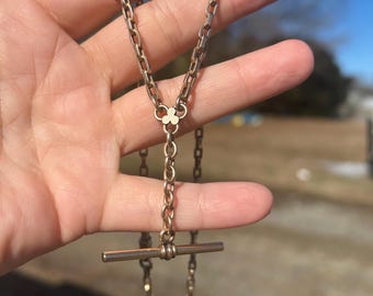 Vintage 19" Asymmetrical Mini Biker 1/8 Gold Filled Watch Chain Necklace, Antique Art Deco Mini Biker Gold Filled Watch Chain with T bar