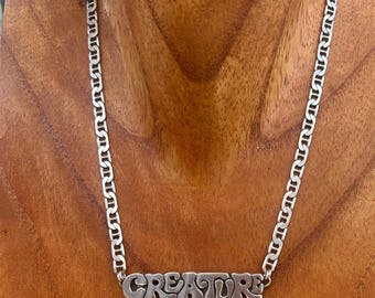 Sterling Silver Nameplate Necklace, CREATURE, Mariner Chain, Nameplate, Creature Nameplate, Unisex, Weirdcore, Heavy Silver, Goth,