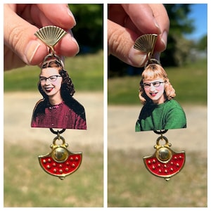 Nerdy Girls, Polka Dot, Vintage Fan Dangle Earrings, Inner Nerd, Book Lover, Nostalgia, Nerd, Glasses, Statement OOAK Earrings, Hand-Crafted