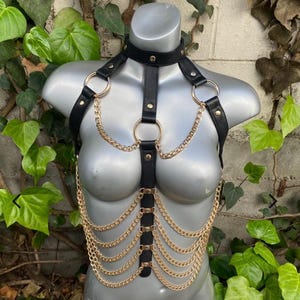 Halter top, Black Halter Top, Leather Halter top, Chain Top, Festival Top, Rave top, punk top, Bambi&#39;s Chain Harness, Black and gold halter