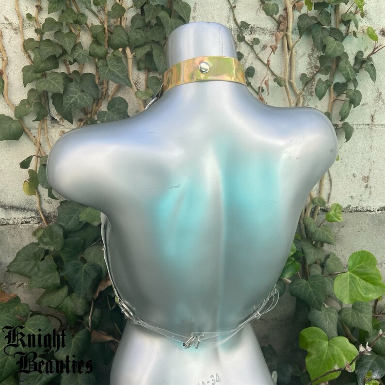 May include: A silver mannequin wearing a clear plastic harness with a gold metal choker. The harness has adjustable straps and buckles.