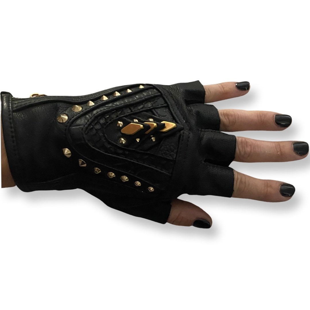 Stylish Lambskin Gold Studded Fingerless Gloves Women's Fingerless - Main Image