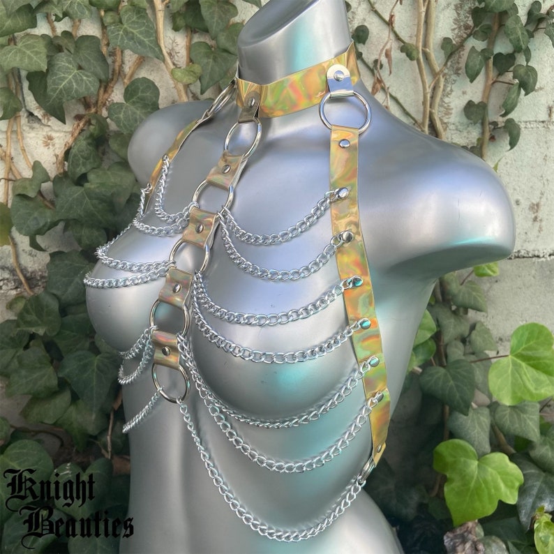 May include: A gold and iridescent chainmail harness with silver chains. The harness has a choker style neckline and multiple straps that connect to the chains.