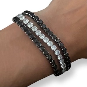 Pulsera de cristal, pulsera de cristal y acero inoxidable, pulsera en blanco y negro, pulsera de tenis, pulsera de tenis de cristal