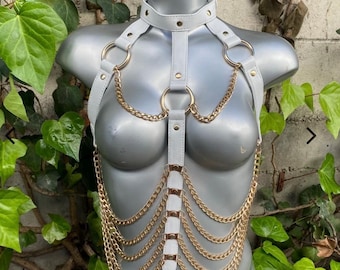 Halter top, white Halter Top, Leather Halter top, Chain Top, Festival Top, Rave top, punk top, Bambi's Chain Harness, white and gold halter