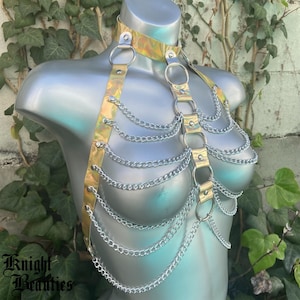 May include: A gold and silver chain body harness with multiple chains and rings. The harness is made of a shiny, iridescent material.