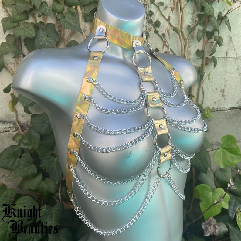 May include: A gold and silver chain body harness with multiple chains and rings. The harness is made of a shiny, iridescent material.