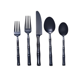 May include: A set of black flatware with a bamboo design. The set includes a knife, fork, and two spoons.