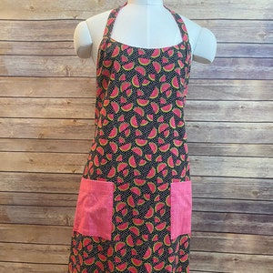 Watermelon Cotton Apron, Reversible Paton, Pink & Black Polkadot, Gift for Watermelon Lover, Summer Unisex Apron
