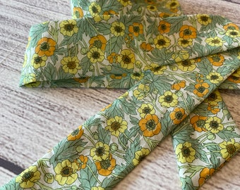 Green & Yellow Skinny Scarf, Liberty of London Fabric Belt, Tana Lawn Ponytail Scarf, Floral Handbag Bow, Narrow Cotton Scarf