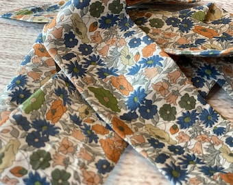 Poppy Forest Liberty Tana Lawn Skinny Scarf, Floral Wardrobe Accessory, Green Orange Blue Narrow Fabric Belt, Bow for Handbag or Purse