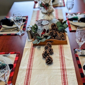 Cream & Red Christmas Table Runner, Sandinavian Cotton Runner, Holiday Table, Red and Cream Tablecloth, Farmhouse Decor