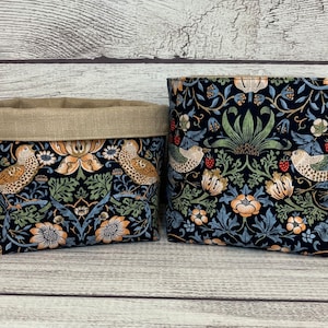 Strawberry Thief Storage Basket, Woodland Decor Gift, Cotton Linen Fabric Pod, William Morris Bag,  Reversible Blue & Tan Organizer