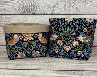 Strawberry Thief Storage Basket, Woodland Decor Gift, Cotton Linen Fabric Pod, William Morris Bag,  Reversible Blue & Tan Organizer