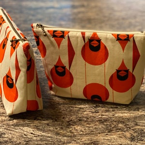 Cardinal Linen Cotton Zipper Pouch, Charley Harper Bag, Birch Organic Cosmetic Bag, Travel Bag, Staggered Cardinal Clutch, Canvas Pouch