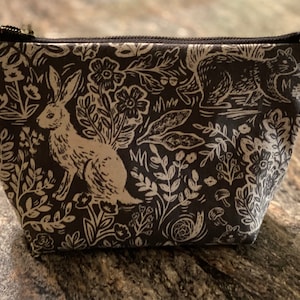 Wildwood Canvas Zipper Pouch, Rifle Paper Co Bag, Linen Cotton Pouch, Rabbit Cosmetic Bag