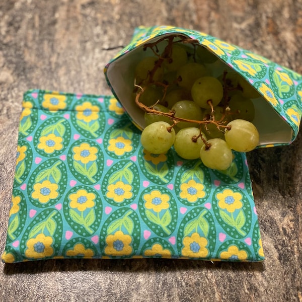 Yellow Floral Reusable Food Bag, Environmentally Friendly, Aqua Flower Wet Bag, Velcro Pouch, Snack & Sandwich Bag