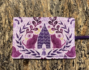 Cartera para té con diseño de gato y abeja, morada, plegable, ideal como regalo para amantes del té, con tarjetero y bolsita de té.