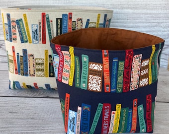 Book Club Storage Basket, Library Decor Gift, Cotton Linen Fabric Pod, Rifle Paper Co Canvas Bag,  Reversible Navy & Cream Organizer