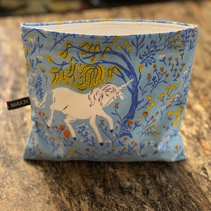 Plastic Free Reusable Lunch Bag, Heather Ross Unicorn Pouch, Wet Bag, Snack Bag, Eco Friendly Food Holder, Washable Food Bag