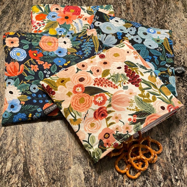 Garden Party Bag, Rifle Paper Co. Velcro Bag, Reusable Sandwich Bag, Environmentally Friendly Food Pouch, Eco-Friendly, Makeup Bag