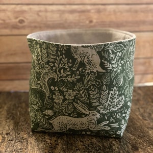Linen Cotton Rabbit Storage Basket, Woodland Decor Gift, Fabric Pod, Rifle Paper Co Bag,  Reversible Green & Blue Organizer, Fable on Canvas