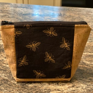 Natural Cork Bee Zipper Pouch, Black & Gold Bee Cosmetic Bag, Flat Boxed Bottom Pouch, Toiletry Bag