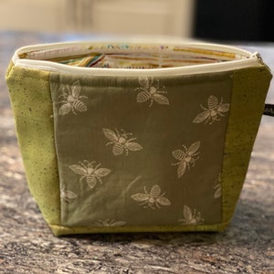 Green Bee Cork Zipper Pouch, Andover Bumble Bee Bag, Cotton Clutch, Flat Bottom Bag, Cork Fabric