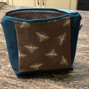 Teal Cork Zipper Pouch, Gift for Bee Keeper, Boxed Bottom Pouch, Cork Bag, Gray Bumble Bee